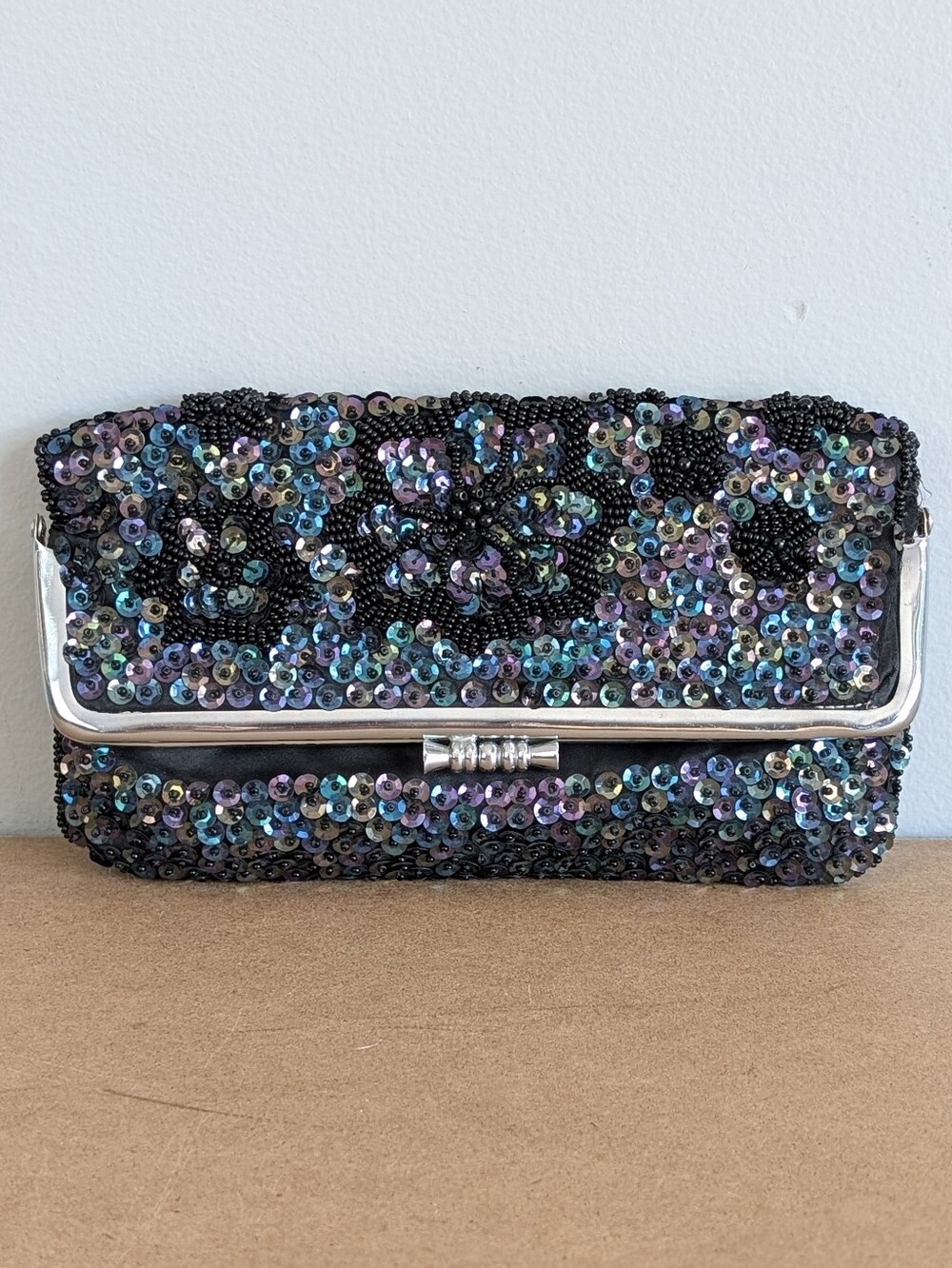 Vintage Evening Bag, Made In Honk Kong Black Iridescent Sequins Kiss Lock Clutch